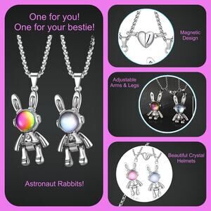Astronaut Rabbits Best Friend Magnetic Heart Necklace Set with Crystal Helmets